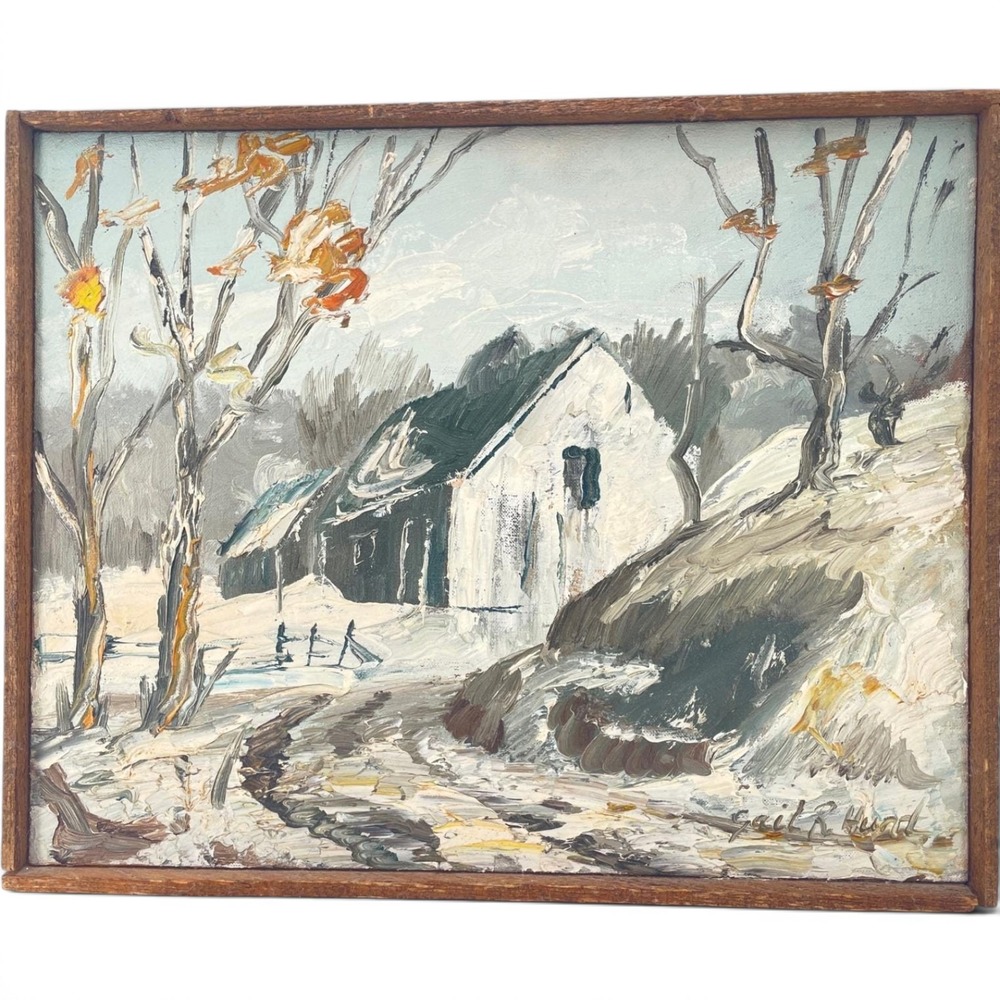 Gail R Hunt Winter Landscape Oil Painting 16x13 Vintage Palette Knife Texture